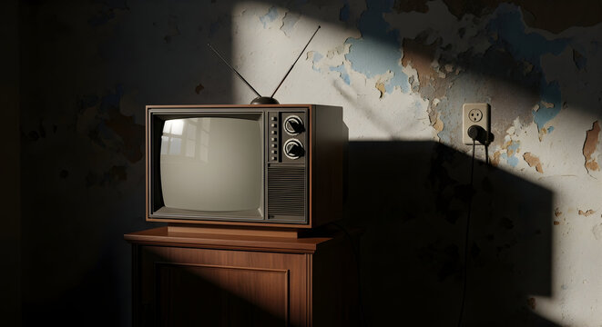 Spooky Retro Halloween Night: Old Television in a Derelict Room with Eerie Shadows