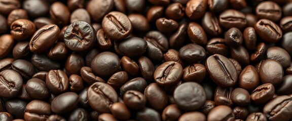 Naklejka premium Rich, dark roasted organic coffee beans close-up, background, mocha