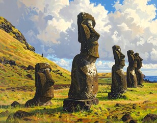 Scenic View of Moai Statues on Easter Island under a Dramatic Sky