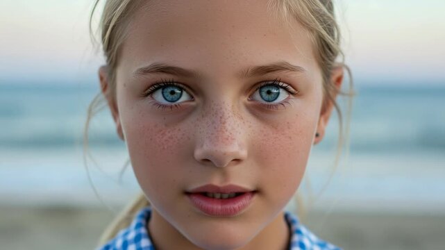Closeup portrait of a young girl with striking blue eyes and freckles