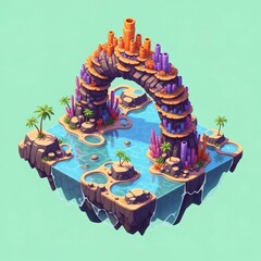 Isometric Cartoon Coral Reef Arch Island Paradise Summer Landscape