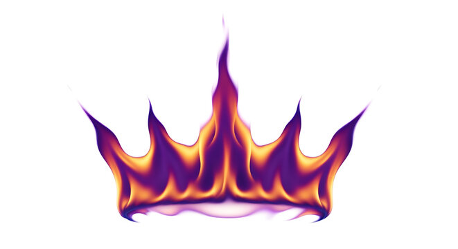 Abstract vibrant fiery crown of glowing purple, orange, and yellow flames, vividly isolated on a pure white background, symbolizing energy, power, magic, royalty, or a mystical fantasy element, perfec