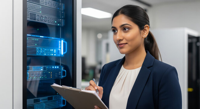 Female IT professional inspecting servers in a modern data center