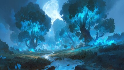 Obraz premium A luminous forest at night under a full moon.