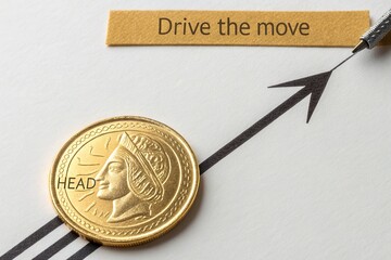 Golden coin with a profile image positioned below an upward arrow on a white background, symbolizing progress
