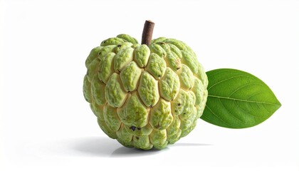 Obraz premium Describe a cherimoya fruit with green scaly skin and two attached leaves on a white background. Highlight its bumpy texture, tropical origin, and visual uniqueness for food or botanical use.