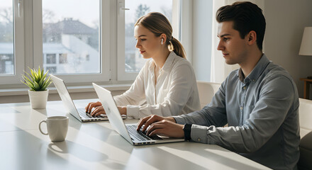 Young Couple Working From Home Using Laptops