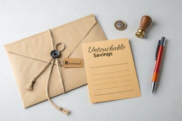 Vintage envelope with a seal and a note labeled 'Untouchable Savings' on a clean desk surface