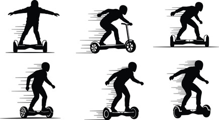 Hoverboard and scooter riders silhouette, personal transport motion, futuristic city commuting, self-balancing electric board, modern lifestyle, fast moving urban mobility illustrationHoverboard and  