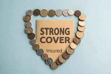 Strong cover insurance brochure surrounded by coins, symbolizing financial security and protection