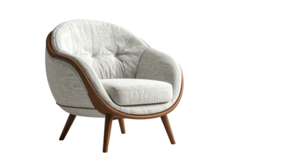 Stylish contemporary armchair with a wooden frame and light gray upholstery is presented against a simple, minimalist black background.