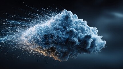 Dynamic digital cloud explosion with vibrant energy particles, representing data, AI, and futuristic technology concepts in a dark, abstract background.