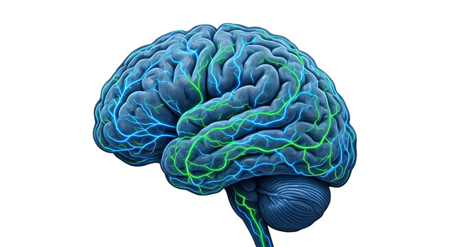 Detailed 3D rendering of a human brain with intricate glowing blue and green neural pathways and electrical impulses, visualizing thought, intelligence, memory, and cognitive function, symbolizing neu