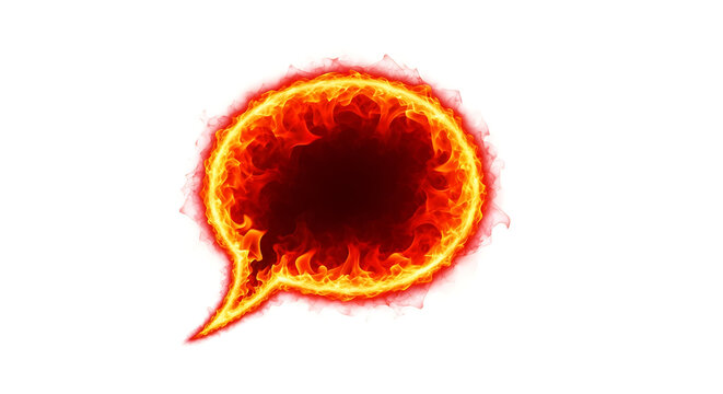 Dynamic fiery speech bubble glowing with vibrant red, orange, and yellow flames, representing urgent messages, hot discussions, intense communication, passionate ideas, or powerful alerts on an isolat