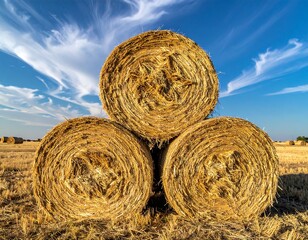 Hay Bales Stacked in Field Under Blue Sky.