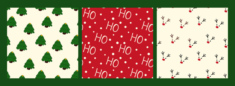 Set of Christmas Vector Patterns. Tree, Reindeer, and Ho Ho Ho Design
