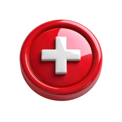 Fototapeta premium Glossy, three-dimensional add symbol icon with a white plus sign, set against a vibrant red button in a circular shape, isolated on a stark black background.