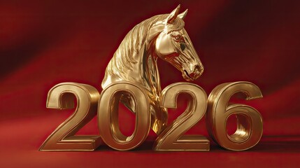 Next to the golden horse head statue is the shining golden number "2026" with a rich red background. The design is luxurious and festive, symbolizing the prosperity and joy of the new year 2026