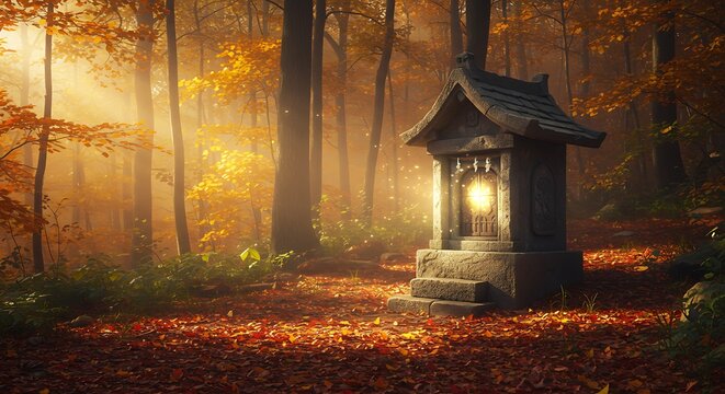 Traditional Japanese shrine with glowing light in a serene autumn forest, covered in fallen leaves and misty sunlight. - Powered by Adobe