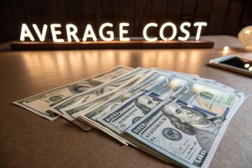 Stacks of cash in front of a glowing sign reading 'AVERAGE COST' on a wooden table setting