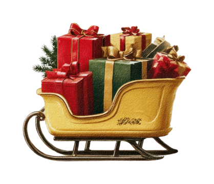 PNG Festive sleigh with wrapped gifts.