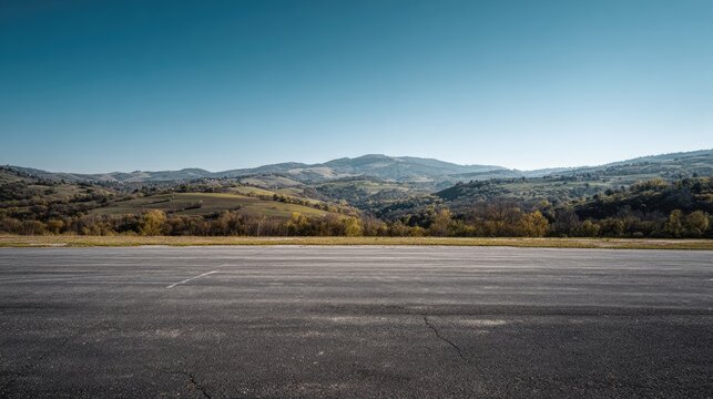 Empty tarmac runway stretches into a vista of rolling hills