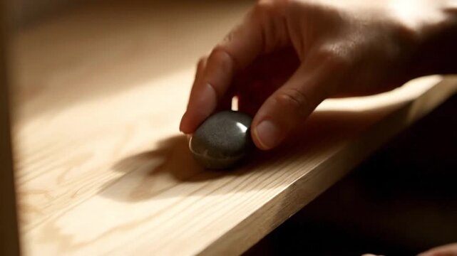 Person Carefully Placing a Black Go Stone on a Wooden Board.