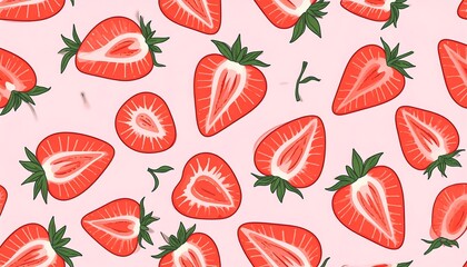 Vibrant strawberry halves illustration in a seamless, refreshing, pink pattern