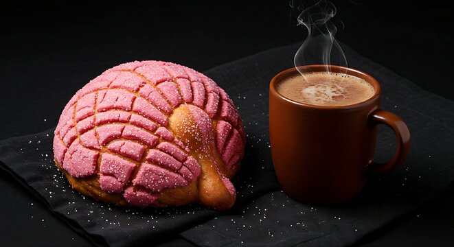 A Concha (Mexican sweet bread) dusted with pink,white sugar,positioned next to a steaming,dark cup of Mexican hot chocolate (Champurrado) on a dark linen cloth over a black surface, 
