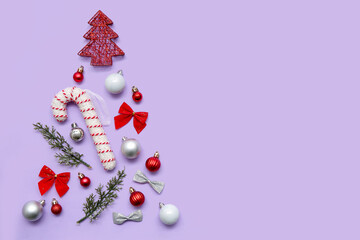 Christmas tree made of decor on pink background