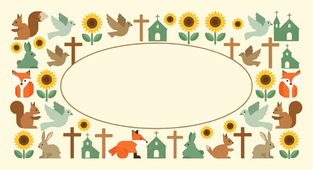 A decorative border featuring various animals, religious symbols, and floral elements surrounding an empty oval space.
