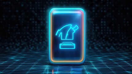 A glowing neon icon of a hammer and nail on a stand against a dark background with a grid floor