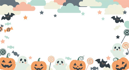 A festive Halloween-themed frame featuring smiling pumpkins, ghosts, bats, and candy, with pastel clouds.