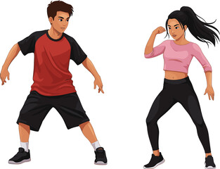Young man and woman dancing hip hop street style wearing sporty outfit energetic movement fitness exercise activity modern dance vector illustration