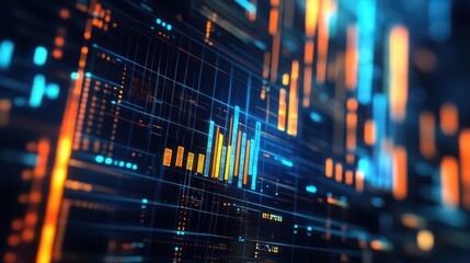 Abstract digital display with glowing bars and grid lines in blue and orange colorscheme design