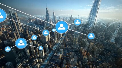Aerial view of a futuristic cityscape with digital connectivity icons overlaid, symbolizing networking - Powered by Adobe