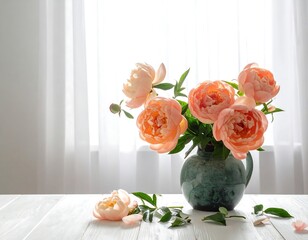 Peach peonies in a vase by a window