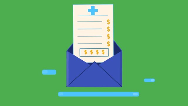 Medical bill animation. Invoice form emerging from envelope. Healthcare cost concept. Document receipt motion.