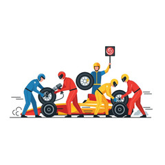 Naklejka premium Pit crew servicing a race car during a race, changing tires and signaling.