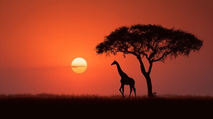 Serene Giraffe Silhouette Against Vibrant Sunset in Savanna Landscape