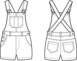 Flat vector fashion illustration of short overalls, front and back view, technical drawing, garment construction, sewing pattern, apparel design