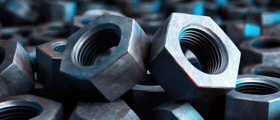 hex nut steel durable concept. Close-up of metallic nuts stacked in an abstract arrangement with a blue backdrop.