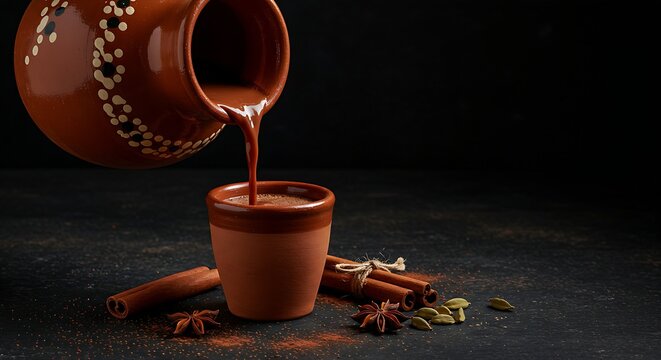 A traditional clay jar pouring dark brown Atole de Chocolate into a small terracotta cup, surrounded by Mexican spice ingredients like cinnamon sticks and star anise, dark rustic background, 