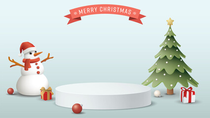 3D Blank podium with Christmas elements and Merry Christmas calligraphy in red ribbon on light blue background graphic illustration.