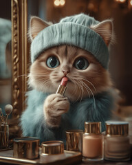 Illustration: A cute cat wearing fashion accessories sits on a table in front of a mirror, holding an open lipstick to apply to her lips.