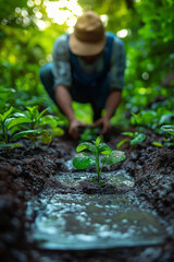 The young man holds a small seedling with a green leaf in the garden, symbolizing growth and new life
