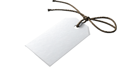 Isolated blank paper tag with a textured surface and a brown, knotted string attached, offering a space for personalized messages or product information, set against a stark, black backdrop for a...