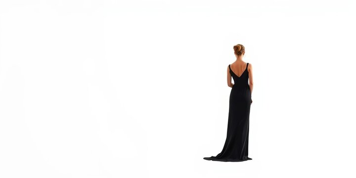 Elegant black dress, simple silhouette, pristine white backdrop, simple, formal