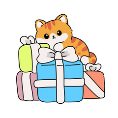 Adorable cartoon kitten playing with colorful gift boxes, festive kawaii style illustration, holiday and celebration theme.