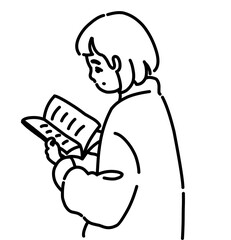Minimalist line art illustration of a person reading a book, simple black and white drawing, education and knowledge concept.